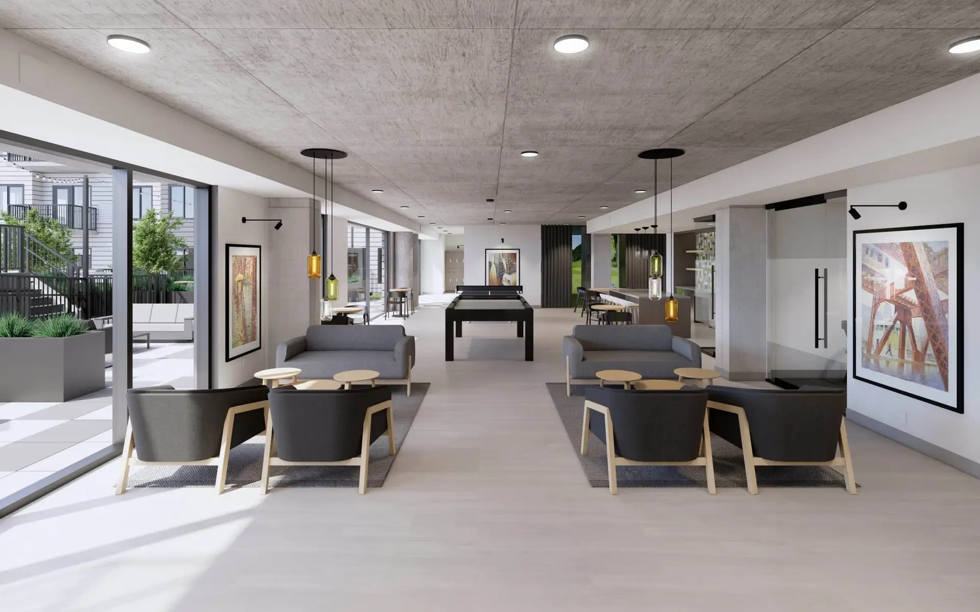 Lounge area with multiple seating options and TV screens
