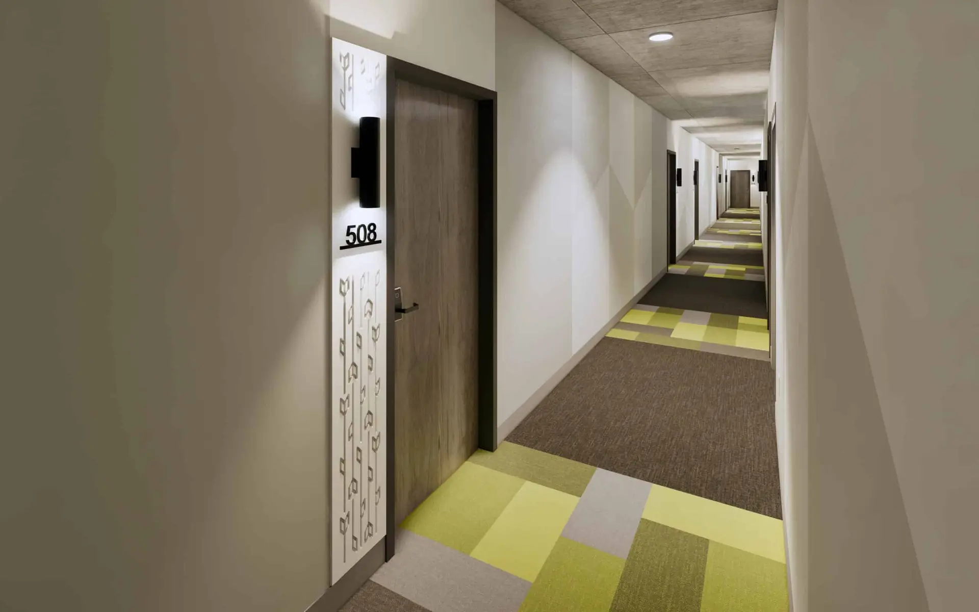 Corridor leading to unit entry doors