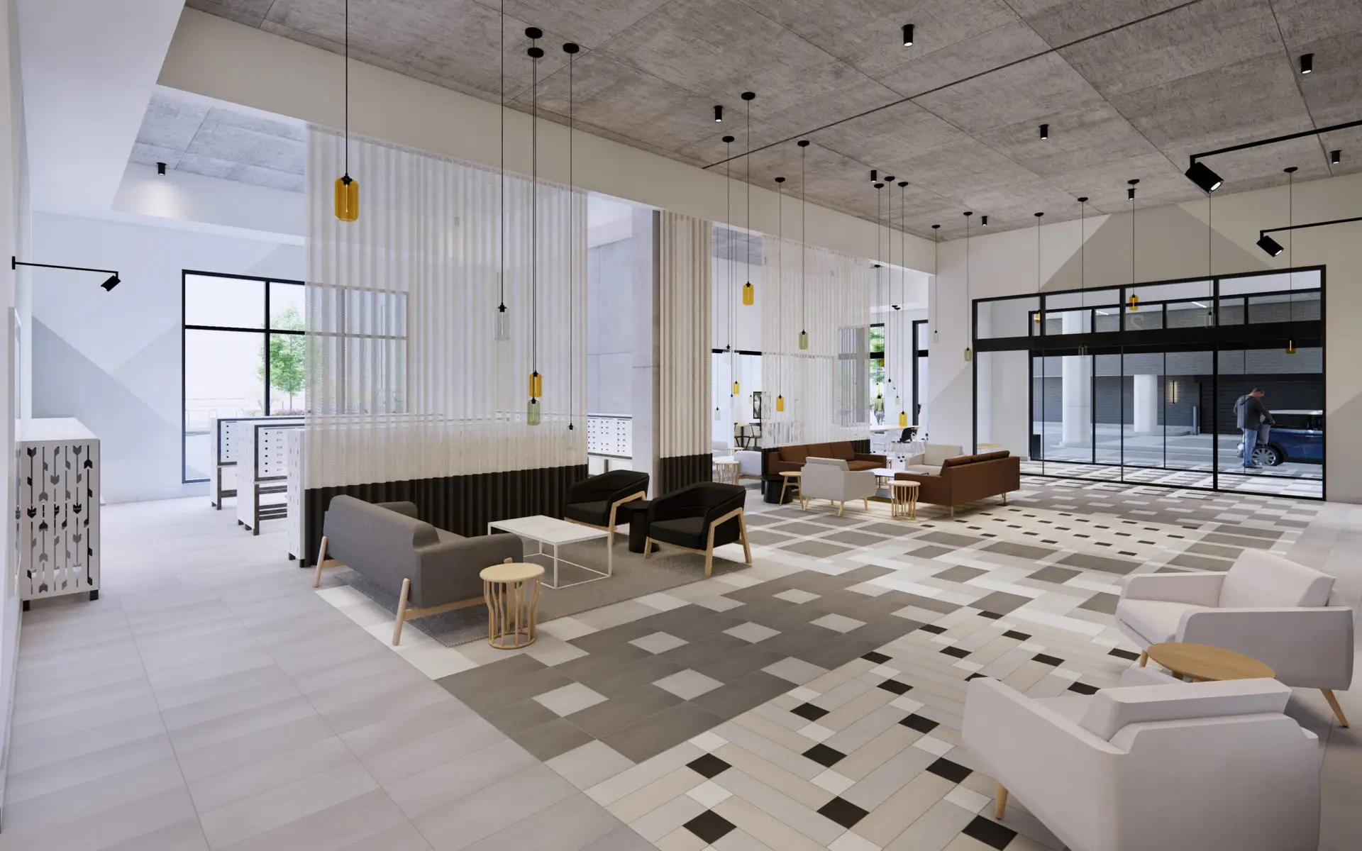Spacious lobby area with modern furniture and lighting fixtures.