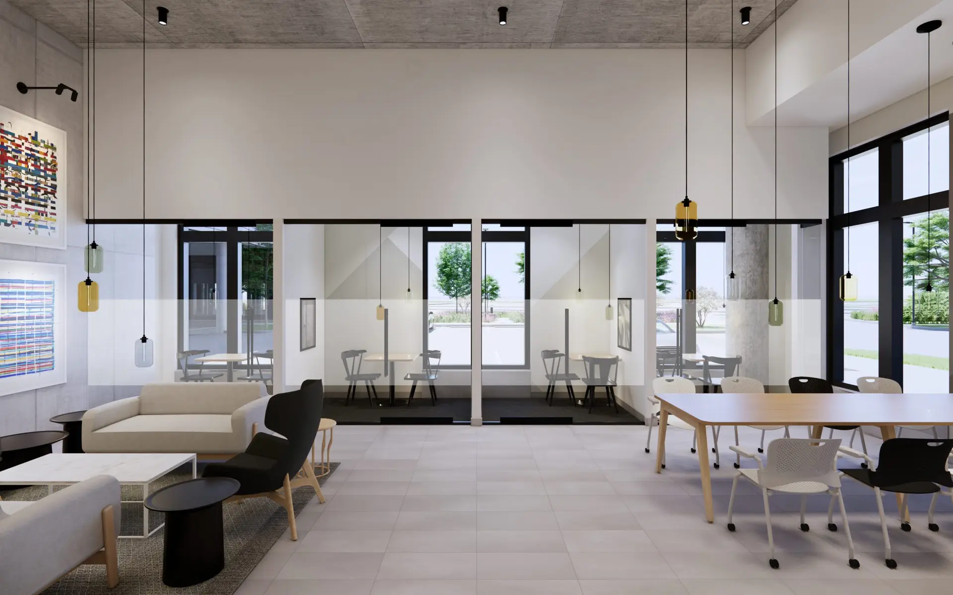 Bright coworking area with seating and hanging lights.