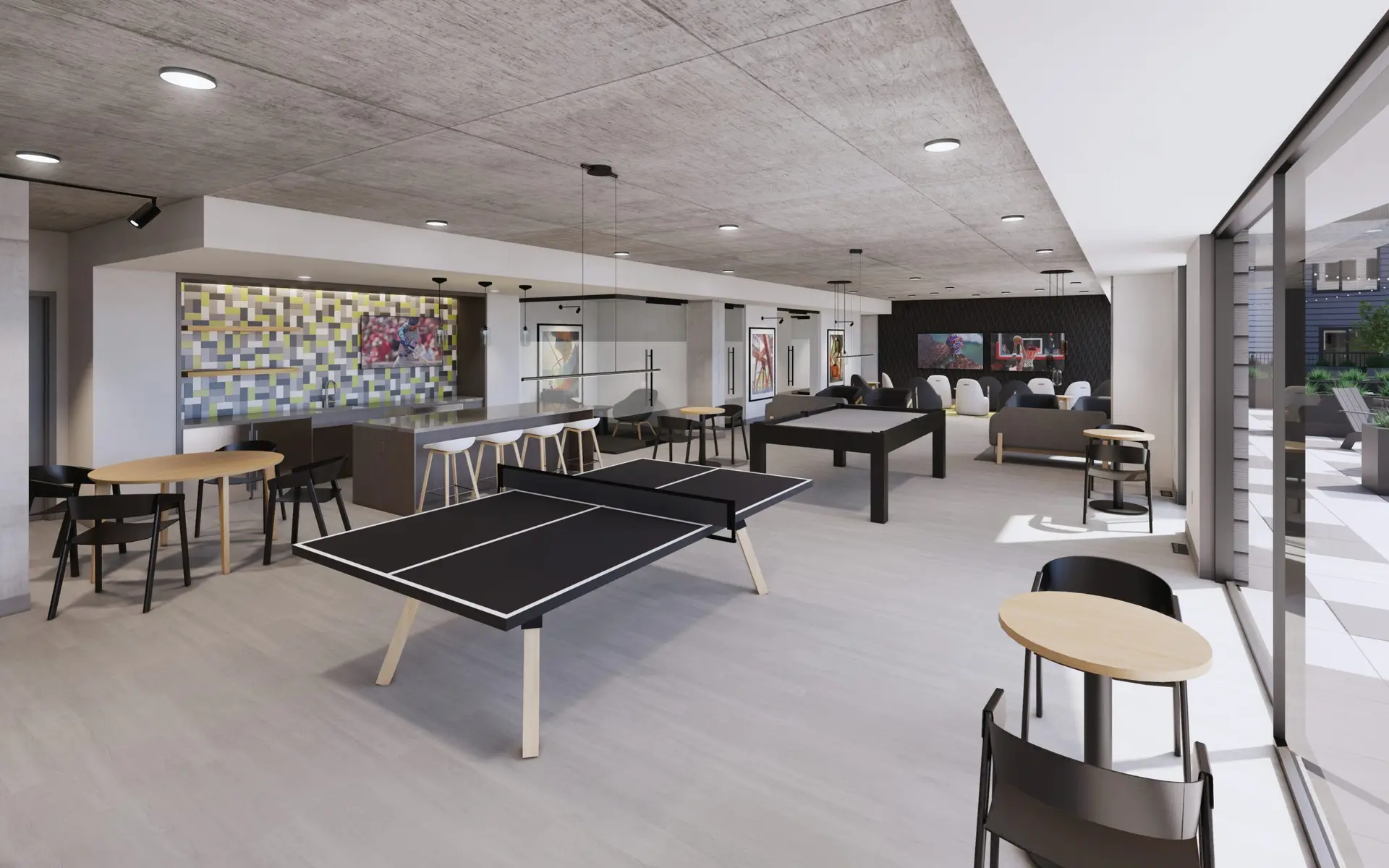 Modern tenant lounge with table tennis, seating, and vibrant décor.